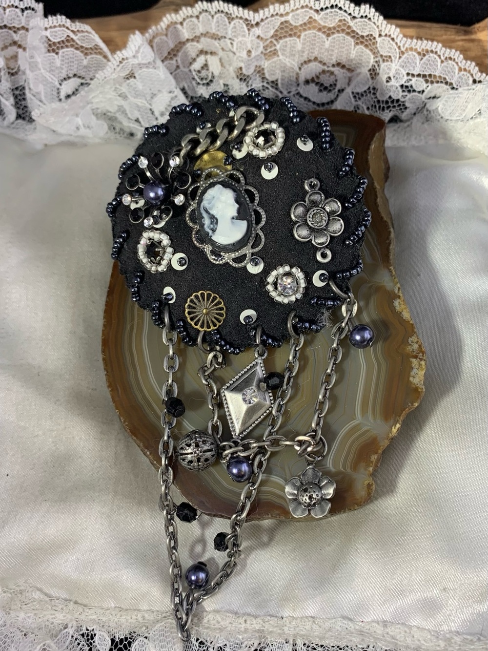 Upcycled Black & White Cameo Brooch with Silver Accents and Dangle Chains,Charms
